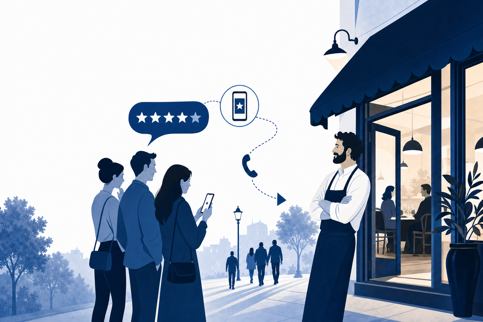 Restaurant owner reviewing Google reviews and star ratings to build customer trust.