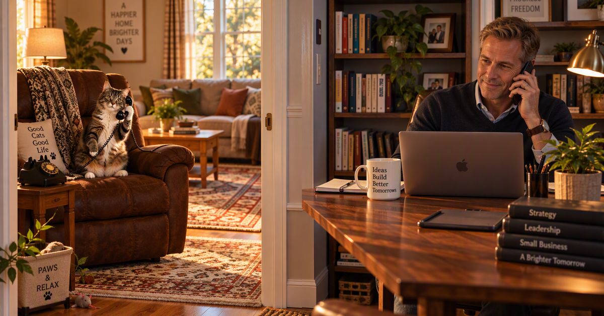 A business owner on a phone call at his home office desk with a laptop open, while a cat sits upright in a living room recliner holding an old-fashioned telephone receiver.
