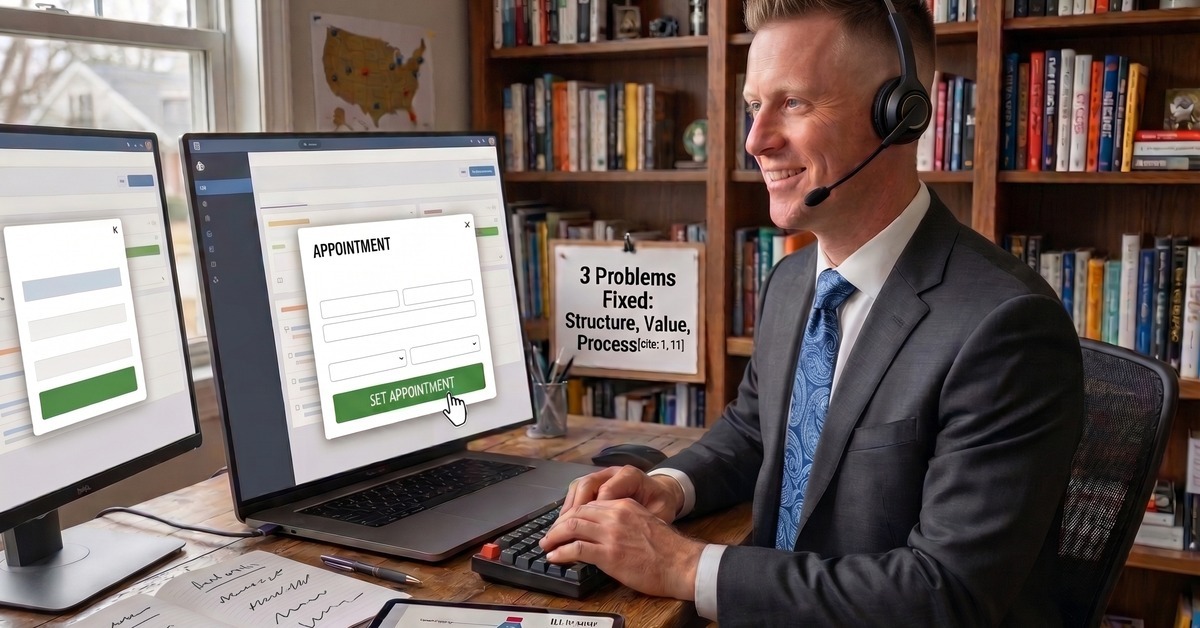 Cold caller at a desk with a headset, viewing a CRM dashboard showing an appointment-setting form.