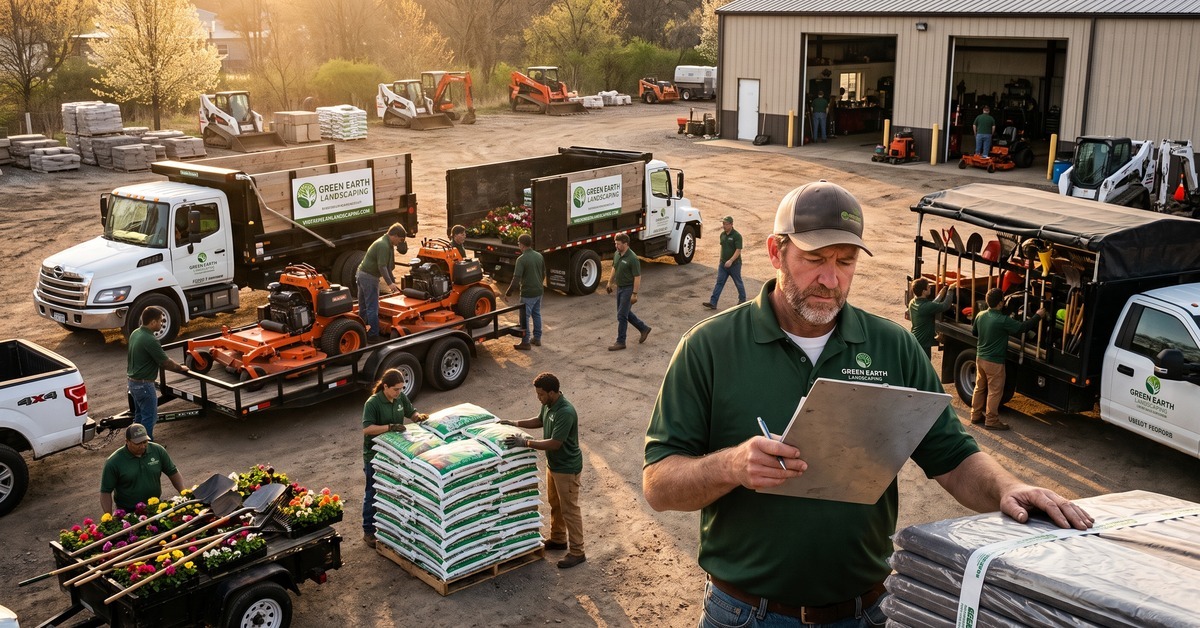 Landscaping company crew loading trucks and equipment in their yard while the owner reviews inventory on a clipboard.