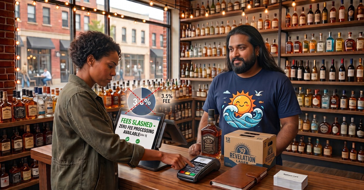 Liquor store owner accepting a card payment on a POS terminal showing slashed credit card processing fees.