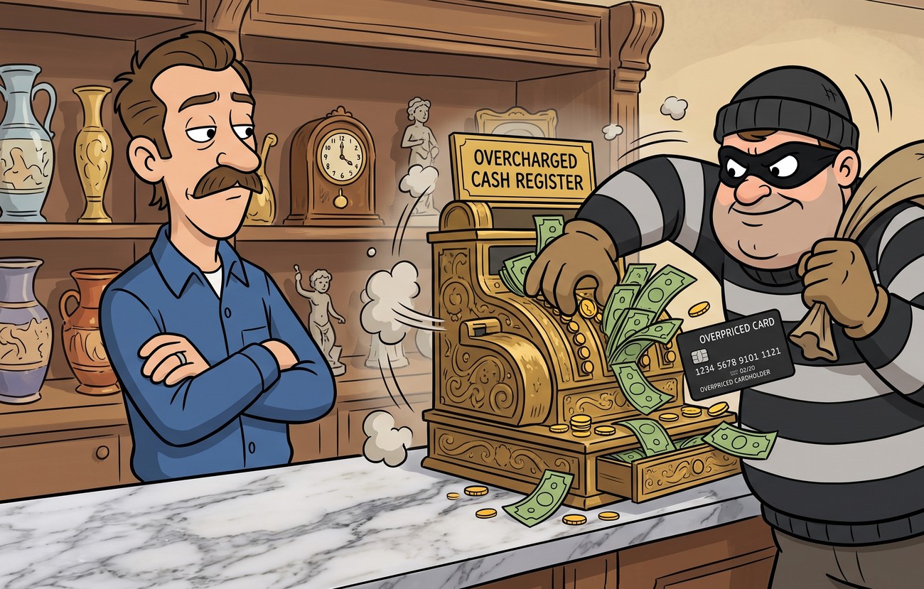 Cartoon illustration of a masked robber reaching into an antique cash register labeled "Overcharged Cash Register" and stuffing cash into a bag marked "Fees," while a shop owner stands with arms crossed watching. Cartoon illustration of a masked robber reaching into an antique cash register labeled "Overcharged Cash Register" and stuffing cash into a bag marked "Fees," while a shop owner stands with arms crossed watching.