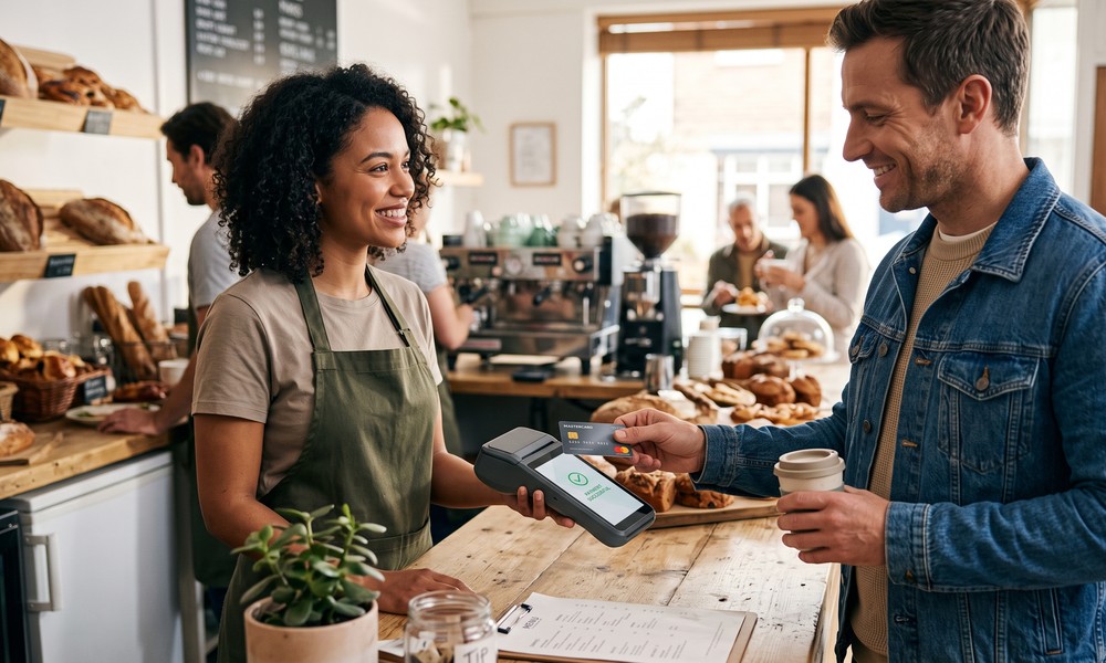 A bakery employee holds a handheld card reader as a customer taps his card to pay, with the terminal screen showing "Payment Successful," fresh bread and pastries displayed behind the counter. A bakery employee holds a handheld card reader as a customer taps his card to pay, with the terminal screen showing "Payment Successful," fresh bread and pastries displayed behind the counter.